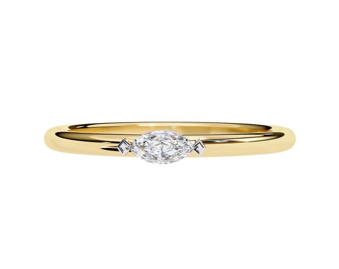 Marquise Cut Moissanite Solitaire Ring in Yellow Gold Minimalist Dainty Engagement Band Elegant Stacking Promise Jewelry Gift for Her