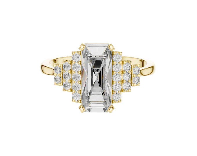 Emerald Cut Moissanite Engagement Ring 14K Gold Art Deco Ring Statement Geometric Ring Unique Bridal Jewelry for Her Minimalist Ring