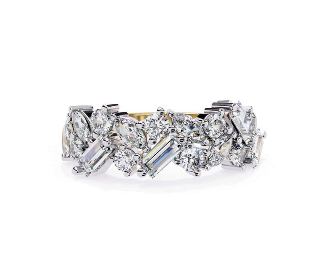 Gold Moissanite Cluster Eternity Band with Baguette and Round Cut Stones Luxurious Sparkling Stacking Ring Elegant Wedding Gift for Women