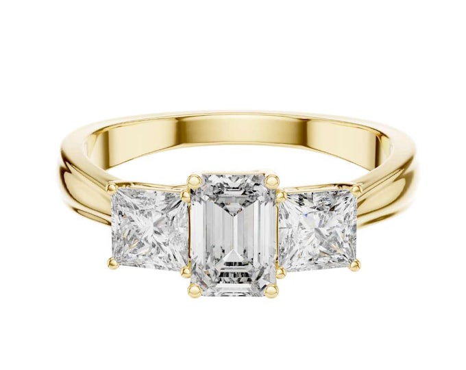 Stylish Three Stone Emerald Cut Moissanite Ring with Princess Side Stones Classic Elegant Bridal Ring Anniversary Jewelry Gift for Women