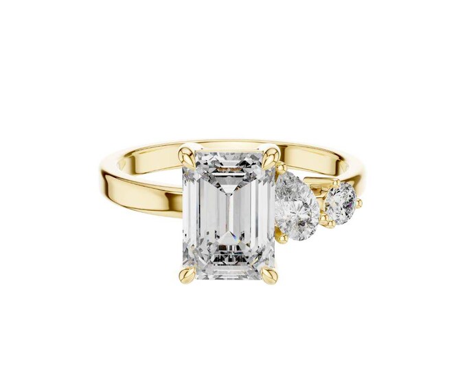 Cocktail Sophisticated Look Emerald Cut Diamond Engagement Ring with Side Accents and Modern Gold Band for a Loved Ones