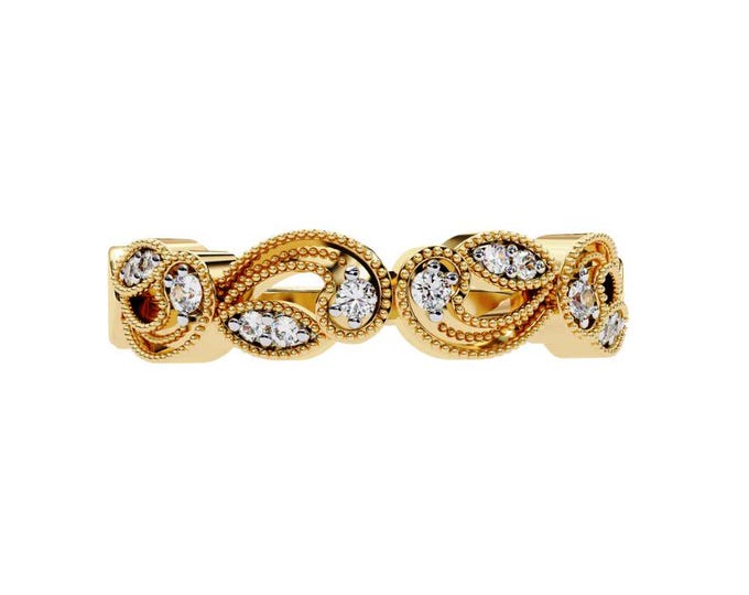 Vintage Inspired Leaf Pattern Diamond Band in Yellow Gold Nature Inspired Ring Elegant Stacking Anniversary Wedding Jewelry Gift for Her