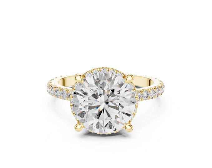 Round Diamond Moissanite Gold Ring Unique Stone Statement Band Artisan Fine Jewelry Elegant Custom Perfect Anniversary Gift for Her