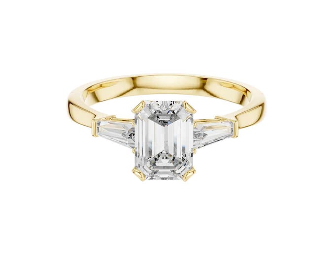 Emerald Cut Engagement Ring 14K Yellow Gold Three Stone Diamond Ring with Baguette Side Stones Vintage Inspired Bridal Wedding Jewelry
