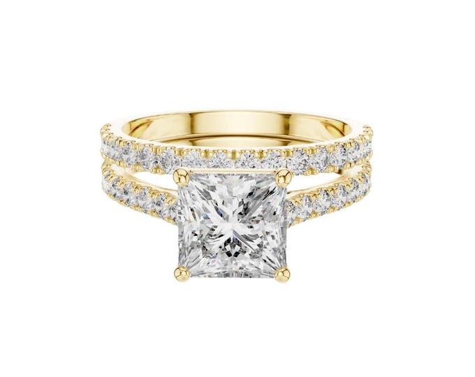 Fine Princess Cut Engagement Ring Double Band Gold Ring Pave Setting Bold Statement Bridal Ring Luxury Wedding Gift for Her