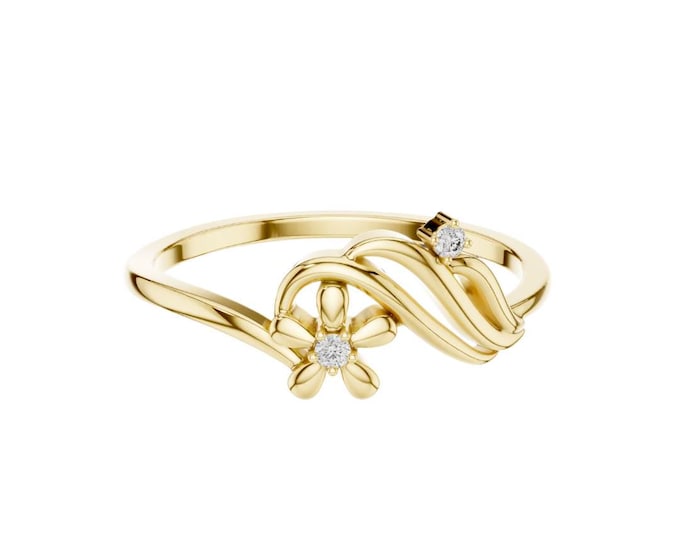 Floral Inspired Diamond Accent Ring in Gold with Delicate Ribbon Twist Design Dainty Promise Band Nature Inspired Jewelry or Birthday Gift