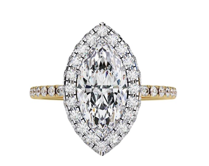 Marquise Cut Moissanite Double Halo Ring 2.16 TCW Solitaire Ring with Dainty Diamond Accent Band in Yellow Gold, Rose Gold and White Gold