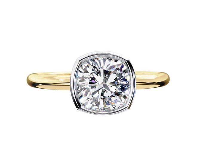 Modern Bezel Set Round Moissanite Solitaire Ring in Two Tone Yellow and White Gold Sleek Minimalist Engagement Ring Bridal