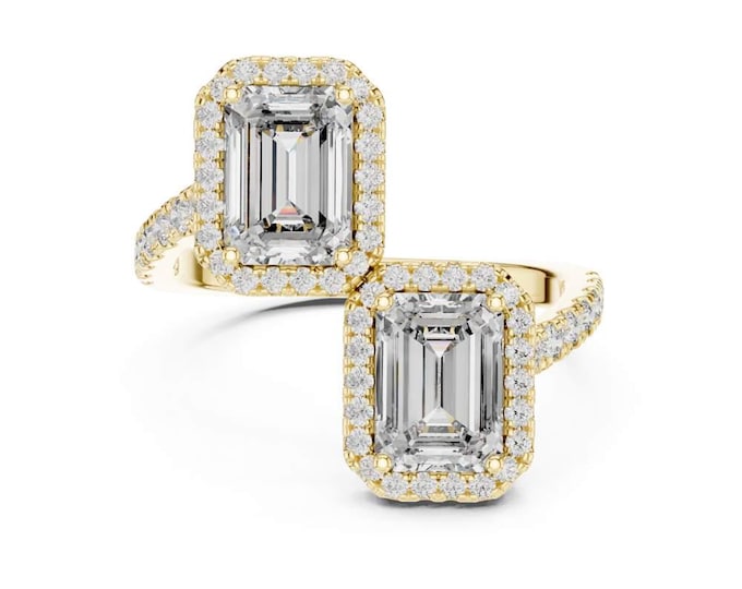2.4 CT Emerald Cut Toi et Moi Ring Double Emerald Cut Halo Diamond Engagement Ring in 18K Yellow Gold Statement Anniversary Ring