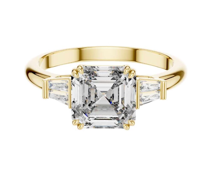 Hot Selling Emerald Cut Moissanite Wedding Ring 3 Stone Ring Tapered Baguette Side Stones Vintage Inspired Ring Fine Bridal Jewelry Gift