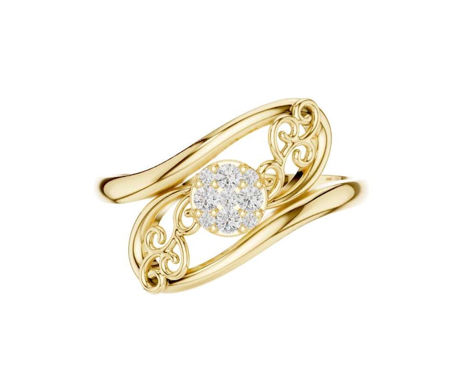 Unique Filigree Ring with Cluster Moissanite Stones Vintage Inspired Delicate Band Elegant Bridalset Ring Dainty Statement Jewelry Gift