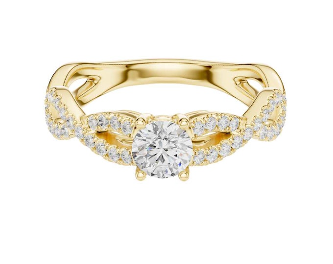 Unique Gold Wedding Ring Round Cut Solitaire Moissanite Diamond with Twisted Infinity Pave Band Elegant Bridal Ring Handmade Promise Ring