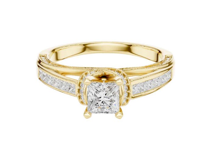 Yellow Gold Princess Cut Diamond Anniversary Ring Channel Set Diamond Band Vintage Style Bridal Ring Elegant Wedding Jewelry Gift for Her