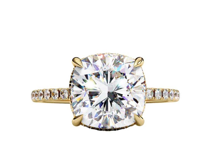 Modern Cushion Cut Moissanite Solitaire Ring in Yellow Gold with Dainty Pave Band Handcrafted Bridal Jewelry Unique Wedding Ring for Her