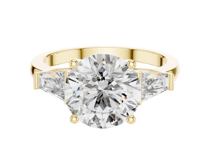 Brilliant Round Cut Moissanite Diamond 4.17 TCW Wedding Ring with Tapered Baguette Side Stones in Shiny Yellow Gold Silver Rose Gold