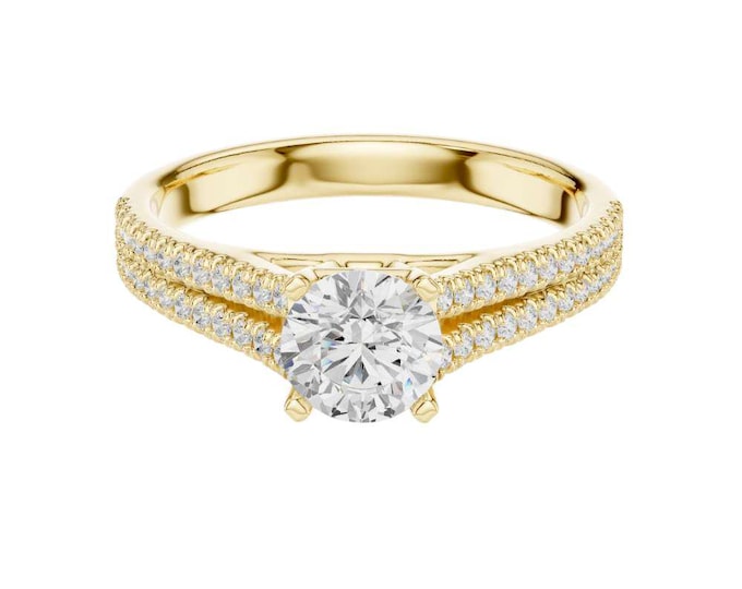 Stunning Moissanite Diamond Ring Round Cut Solitaire with Split Pave Band in Gold, Silver, Rose Gold Wedding Ring Dainty Luxury Bridal Ring