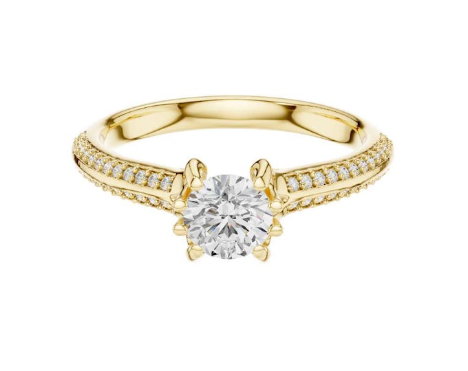 Custom Luxury Gold Ring Round Solitaire Moissanite Diamond Ring Pave Band Gold Ring Elegant Minimalist Ring Gold Bridal Ring Gift for Her