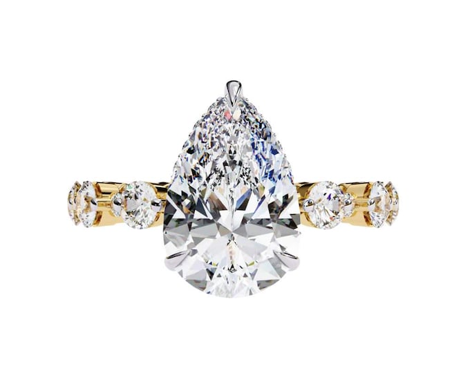Elegant Wedding Ring Pear Cut Moissanite Solitaire Engagement Ring in Yellow Gold Fine Diamond Accent Band Unique Bridal Jewelry for Her
