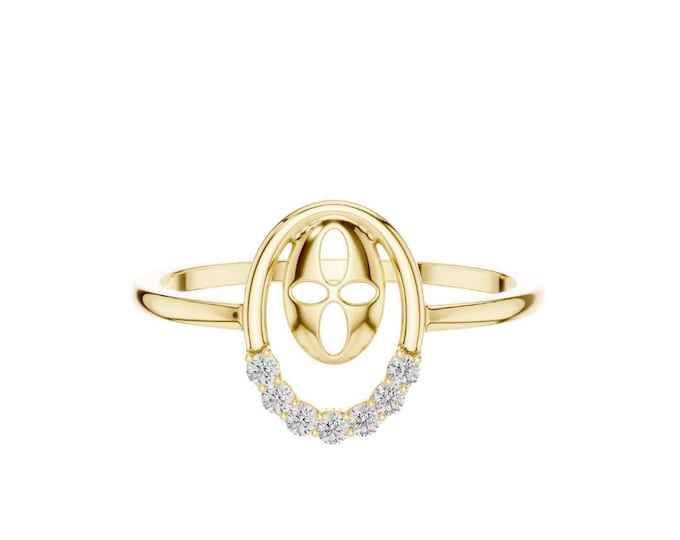 Unique Gold Geometric Ring with Moissanite Diamond Accents Minimalist Openwork Oval Frame Floral Inspired Dainty Fine Jewelry Gift for Her