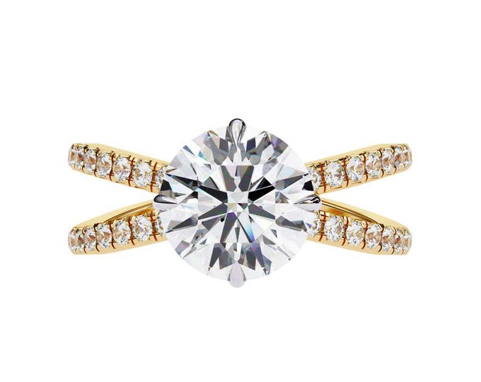 Round Cut Moissanite Engagement Ring 14K Yellow Gold Criss Cross Pavé Double Band Dainty Solitaire Statement Ring Handmade for Her