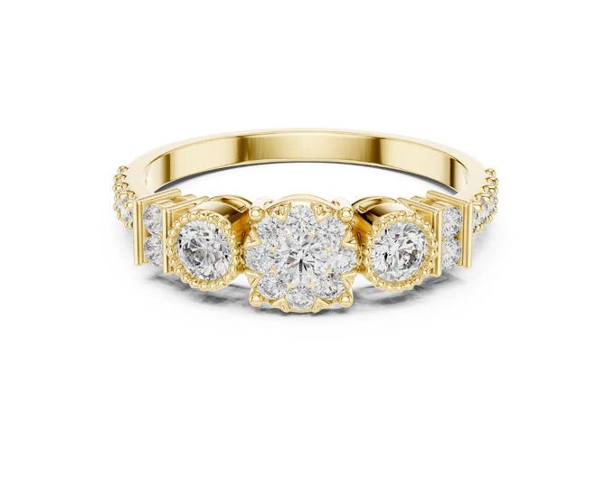 Three Stone Moissanite Ring with Diamond Halo in Yellow Gold Vintage Bridal Jewelry for Engagement Anniversary or Special Occasion Gift