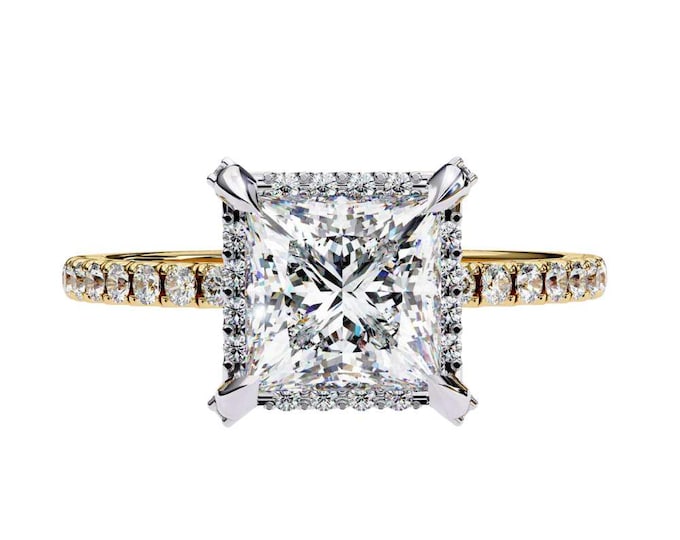 Gold Infinity Band Pave Diamond Accent Exquisite Princess Cut Diamond Engagement Ring with Intricate Unique Bridal Handmade Luxury Jewelry