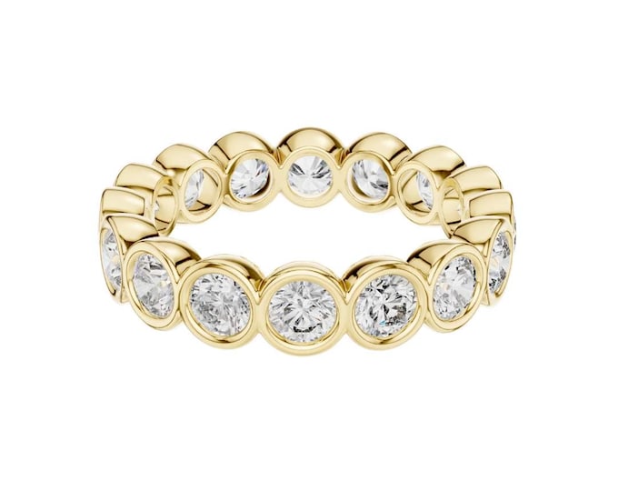 Bezel Set Moissanite Eternity Band Gold Round Cut Stacking Ring Dainty Full Eternity Ring for Women Bridal Anniversary Jewelry