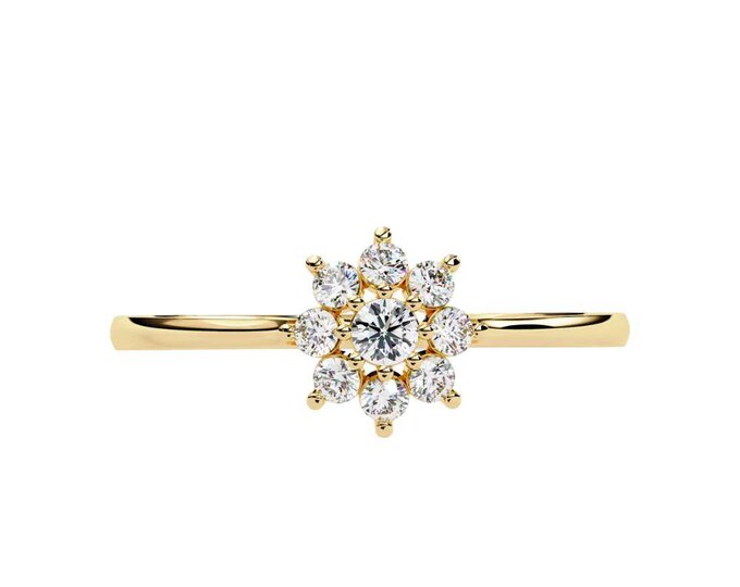 Delicate Yellow Gold Diamond Ring Elegant Cluster of Round Diamonds in a Timeless Flower Design Perfect Fine Jewelry for Special Occasions