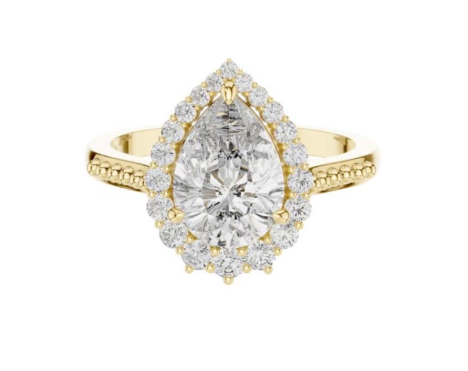 2.138 CT Elegant Pear Cut Halo Engagement Ring Teardrop Solitaire with Diamond Pavé Band  Unique Halo Setting Bridal Ring for her to gift