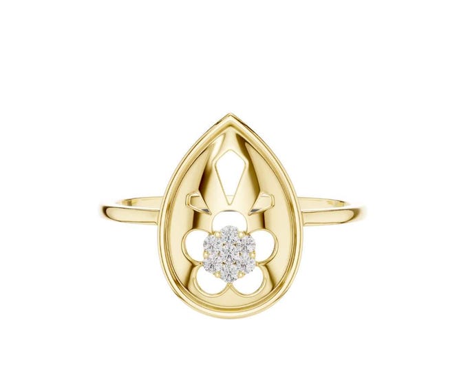 Beautiful Teardrop Ring with Floral Cutout and Diamond Center Dainty Boho Statement Ring Unique Gold Ring for Women Handmade Jewelry Gift
