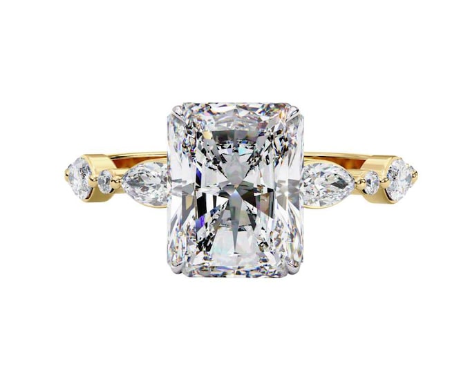 Exquisite Radiant Cut Moissanite Ring with Marquise Accents 2.92 TCW Custom Handcrafted Fine Bridal Jewelry in Yellow, Rose, and White Gold