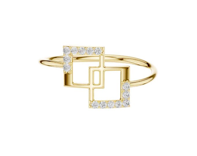 Modern Round Cut Moissanite Geometric Ring with Diamond Accents Minimalist Square Design Adjustable Statement Ring Unique Gift for Her