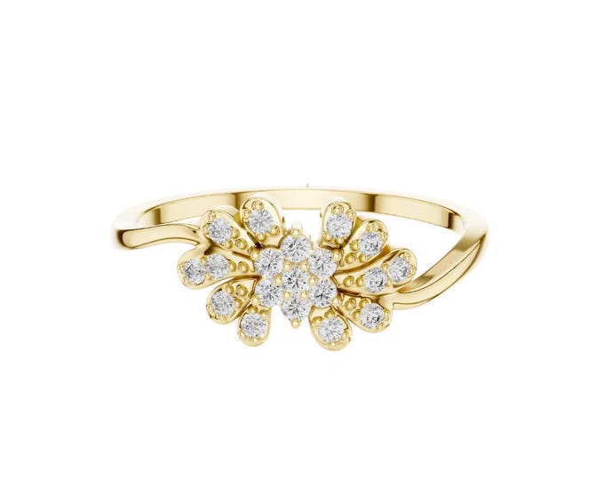 Dainty Yellow Gold Flower Cluster Ring with White Stones Minimalist Floral Leaf Pave Statement Ring Anniversary or Birthday Gift for Her