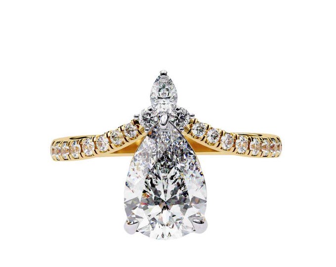 Brilliant Pear Shaped Moissanite Ring Teardrop Solitaire with Diamond Accent Pave Band Elegant Bridal Ring Luxury Wedding Jewelry Gift