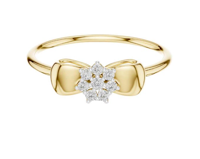 Elegant 18K Yellow Gold Ring with Bow Design and Sparkling Diamond Cluster, Delicate Statement Jewelry for Women Bow delicate fine jewelry