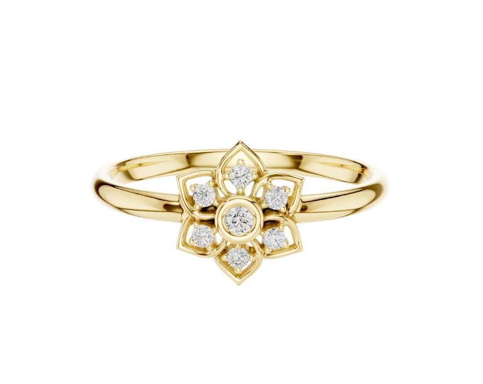 Lotus Flower Diamond Ring Gold Mandala Engagement Ring Delicate Floral Ring for Her Yoga Inspired Jewelry Boho Handmade Gift