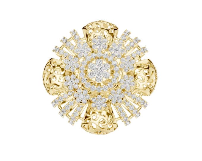 Floral Cluster Ring with Round Cut Moissanite Diamonds in Gold & Silver Vintage Inspired Statement Cocktail Jewelry Gift for Her