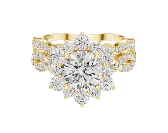 2.538 CT Luxury Round Brilliant Cut Diamond Cluster Ring with Intricate Halo and Twisted Pavé Band Bridal Engagement Ring for her