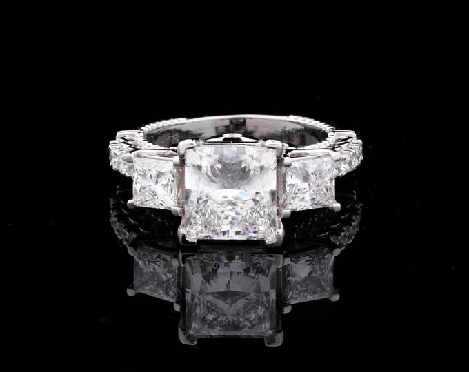 2 CT princess Cut three stone Set Moissanite Engagement Ring 14k Solid Gold middle stone block prong side stone button prong gift ring