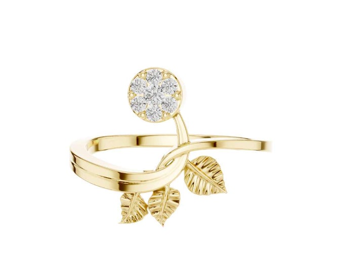 Custom Luxury Flower Ring with Leaves and Moissanite Nature Inspired Ring Dainty Botanical Jewelry Gift for Her Floral Promise Ring for Her