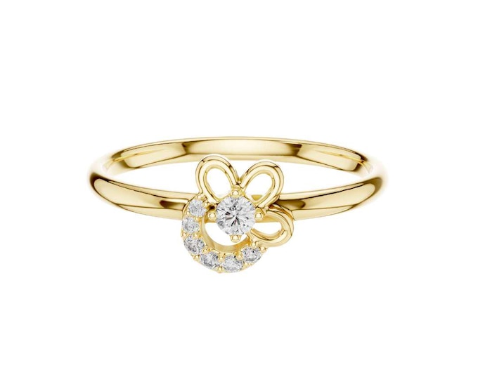 Delicate Bow and Crescent Diamond Ring in 14K Solid Gold Feminine and Elegant Fine Jewelry Dainty Ring with Sparkling White Diamonds