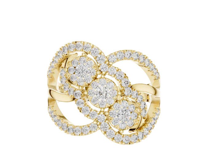 Interlocking Halo Moissanite Ring in Round Cut Gold Statement Jewelry for Engagement Anniversary or Special Occasion Gift
