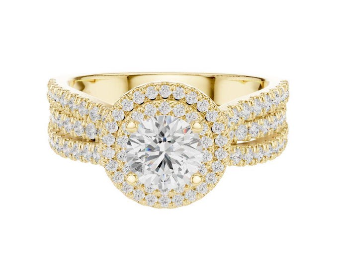 Unique Triple Band Halo Moissanite Anniversary Ring Round Cut Gold Ring with Pave Diamonds Luxurious Bridal Ring Sparkling Wedding Jewelry