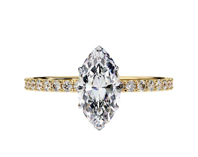 Marquise Cut 1.11 TCW Moissanite Ring with Diamond Pave Band Marquise Solitaire Ring Elegant Wedding Ring Custom Handmade Bridal Jewelry