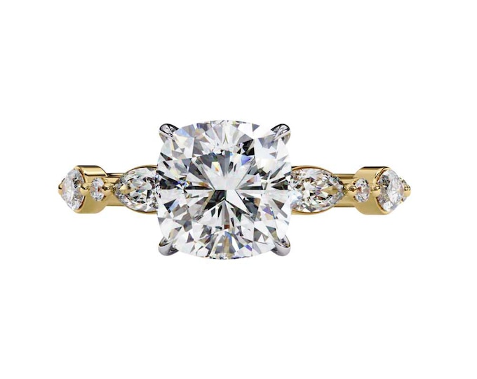 3.55 TCW Diamond Ring Cushion Style Center Stone with Marquise and Round Side Diamonds Dainty Vintage Inspired Custom Fine Jewelry