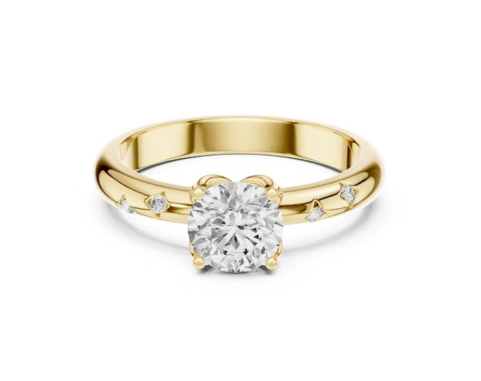 Moissanite Solitaire Engagement Ring Sterling Silver or Gold Classic Side Stone Band Elegant Bridal Jewelry for Proposal Wedding