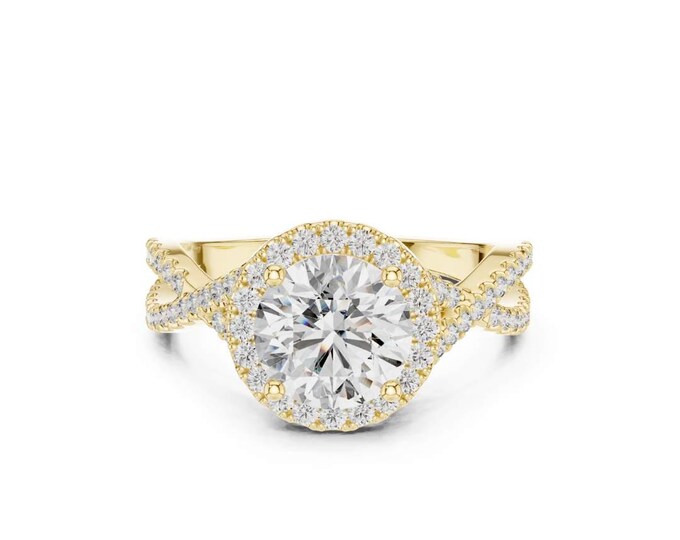 Luxury Elegant Round Diamond Halo Engagement Ring 18k Yellow Gold Sparkling Solitaire with Pave Diamonds for Loved Ones