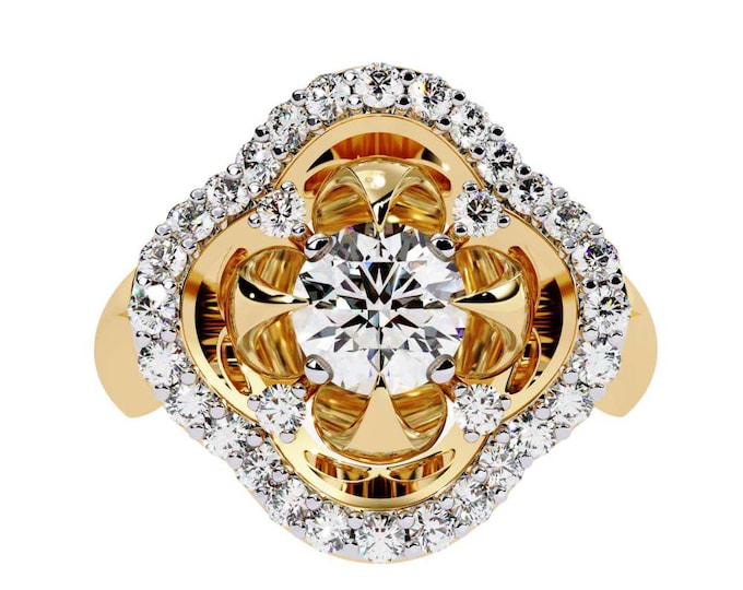 Floral Inspired Round Brilliant Halo Ring in Yellow Gold Unique Petal Design with Diamond Accents Vintage Style Ethical Bridal Jewelry