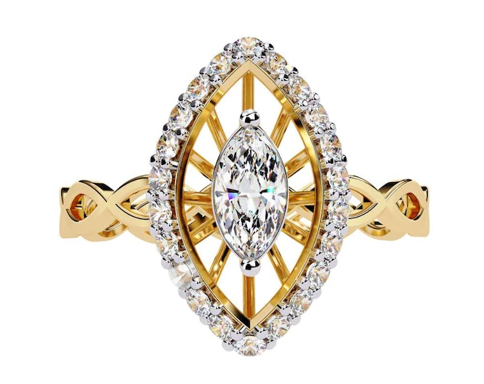 heirloom style Marquise Cut Moissanite Ring in Yellow Gold with Intricate Braided Band and Halo Detailing for Timeless Bridal Elegance