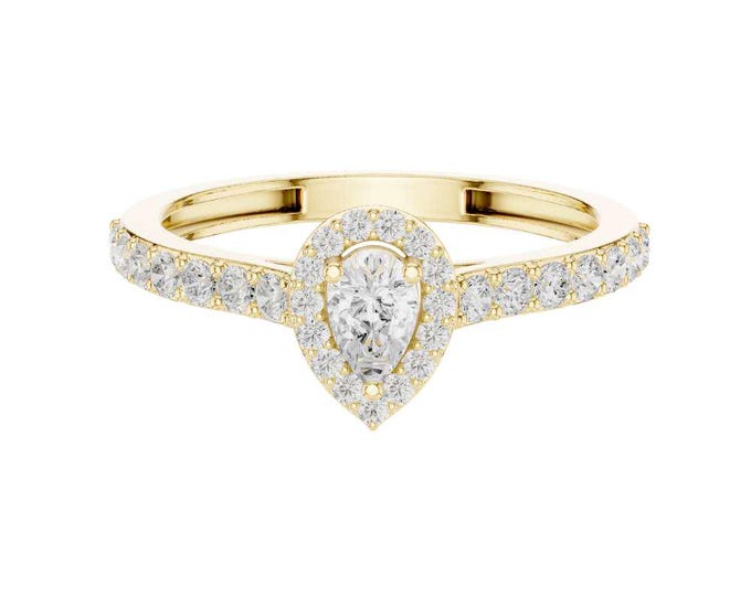 Stylish Pear Cut Halo Moissanite Ring with Gold Silver Rose Gold Pave Band Elegant Bridal Jewelry Dainty Wedding Anniversary Ring Gift